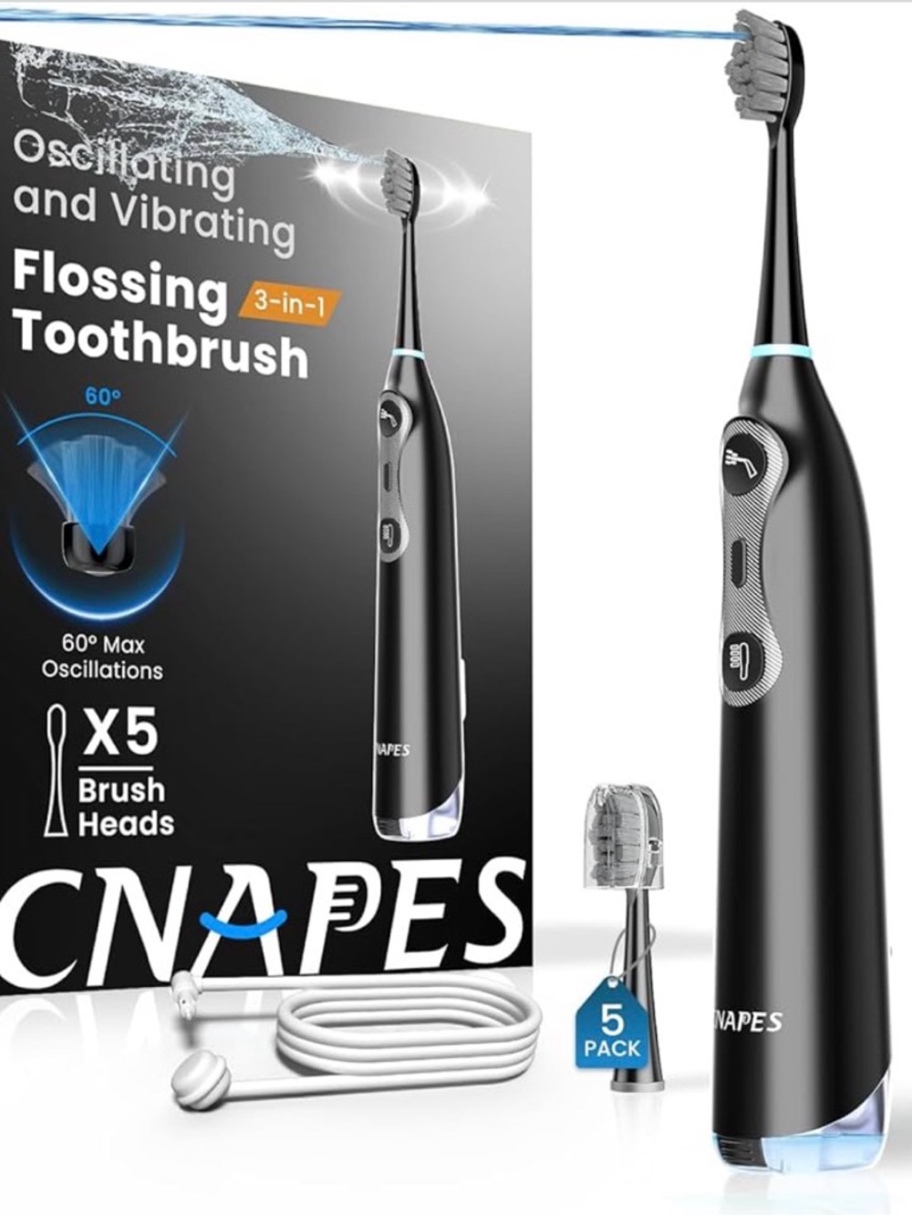 CNAPES Black 3-in-1 Flossing Electric Toothbrush